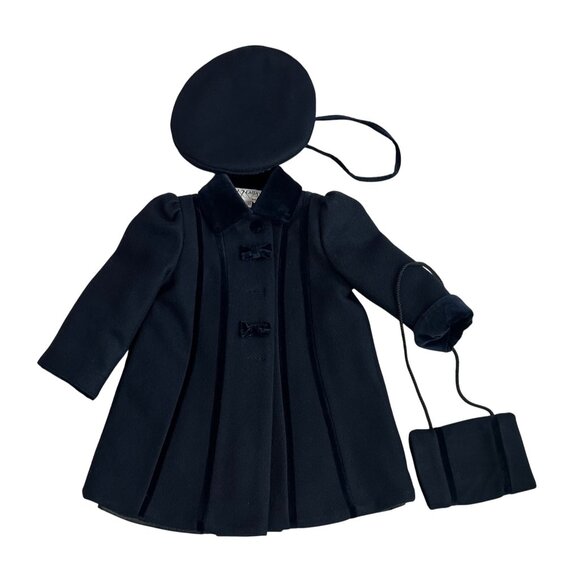 Vtg Emjay Girls Size 3 Navy Wool Coat w/ Velvet Trim Hat & Hand Muff Made In USA - Picture 1 of 14